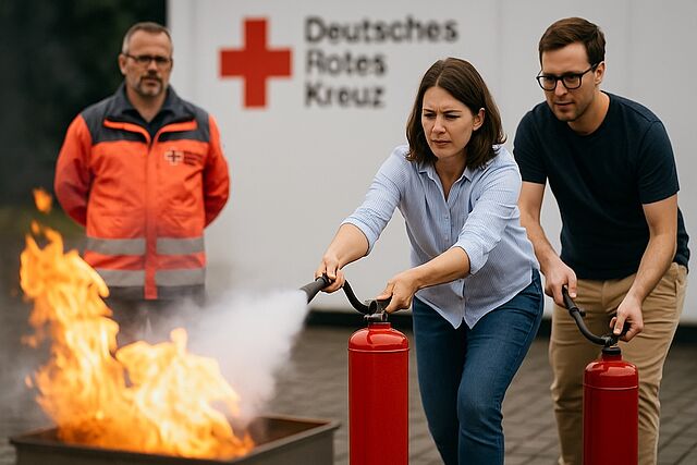 Brandschutzhelfer-Ausbildung beim DRK Mittelhessen – praxisnah & sicher Zwei Teilnehmende der Brandschutzhelfer-Ausbildung beim Deutschen Roten Kreuz üben den Einsatz von Feuerlöschern unter Anleitung