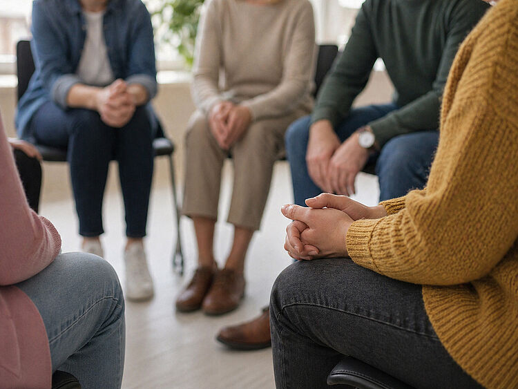 Gesprächskreis zur Suchtbewältigung im Suchthilfezentrum Mehrere Personen sitzen im Stuhlkreis und hören aufmerksam in einer Selbsthilfegruppe zu