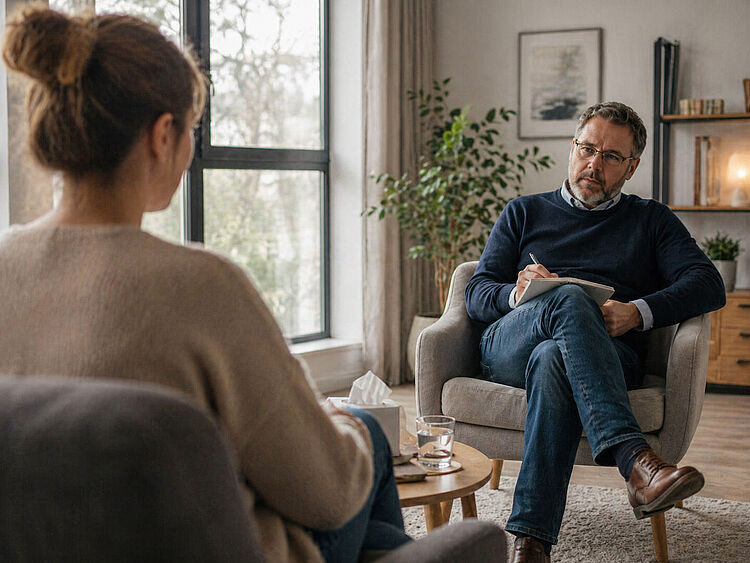 Psychosoziale Beratung im Suchthilfezentrum Mittelhessen Berater sitzt mit Notizblock im Gespräch mit einer Person in ruhiger Atmosphäre