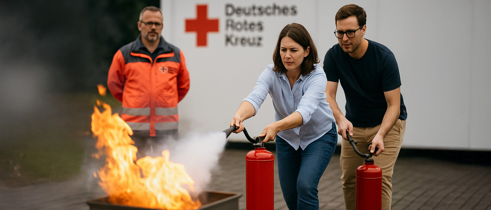 Brandschutzhelfer-Ausbildung beim DRK Mittelhessen – praxisnah & sicher Zwei Teilnehmende der Brandschutzhelfer-Ausbildung beim Deutschen Roten Kreuz üben den Einsatz von Feuerlöschern unter Anleitung