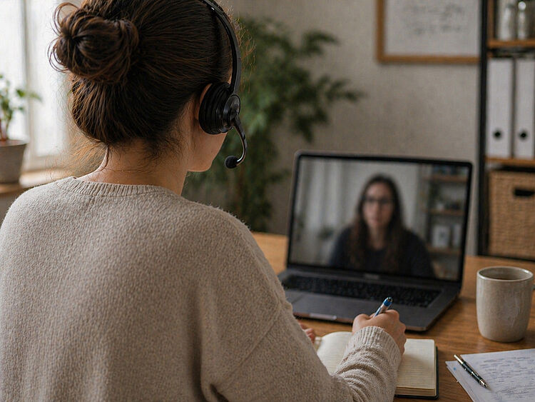 Online-Suchtberatung im Suchthilfezentrum Mittelhessen Frau mit Headset führt eine Online-Beratungsgespräch am Laptop