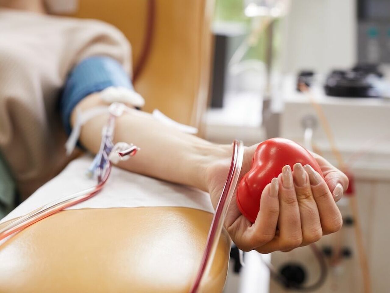 Blut spenden – Leben retten mit dem DRK Mittelhessen Arm mit Infusionsnadel bei der Blutspende, Hand hält rotes Herz
