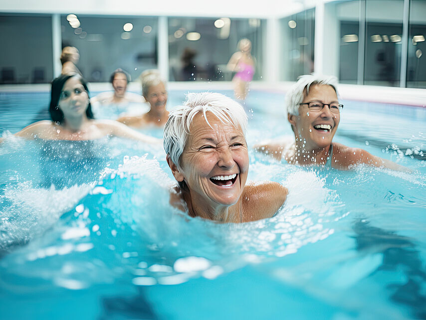 Wassergymnastik beim DRK Mittelhessen – Bewegungstraining im warmen Wasser Gruppe von Menschen macht gemeinsam Wassergymnastik in einem hellen Schwimmbad