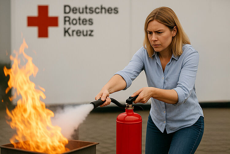 Feuerlöscher-Training beim DRK Mittelhessen – Ausbildung zum Brandschutzhelfer Frau übt den Einsatz eines Feuerlöschers bei der Brandschutzhelfer-Ausbildung des DRK Mittelhessen