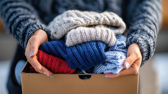 Ehrenamt beim DRK: Kleiderspenden sortieren und helfen Hände halten einen Karton mit sortierten, bunten Strickpullovern für den DRK Kleiderladen