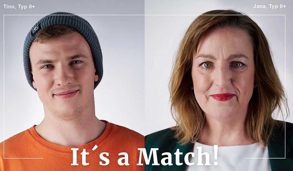 Blutspende Gießen 2025 – Jetzt Leben retten mit dem DRK Mittelhessen Motiv zur DRK-Blutspendeaktion in Gießen mit zwei passenden Blutspender-Typen und dem Schriftzug „It’s a Match!“