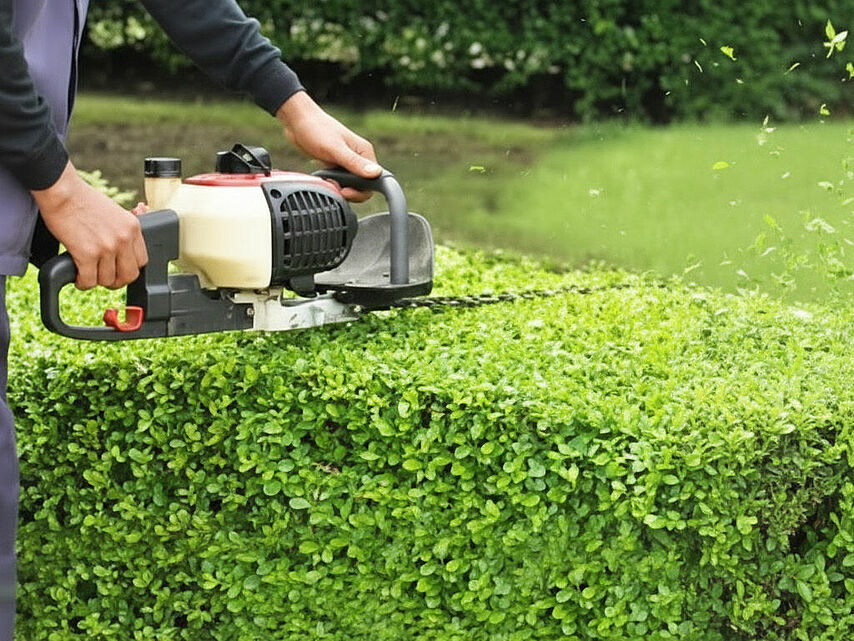 DRK Facility Service Mittelhessen – Gartenpflege und Bepflanzung Zwei DRK-Mitarbeiter pflanzen Baum mit Bagger im Hintergrund